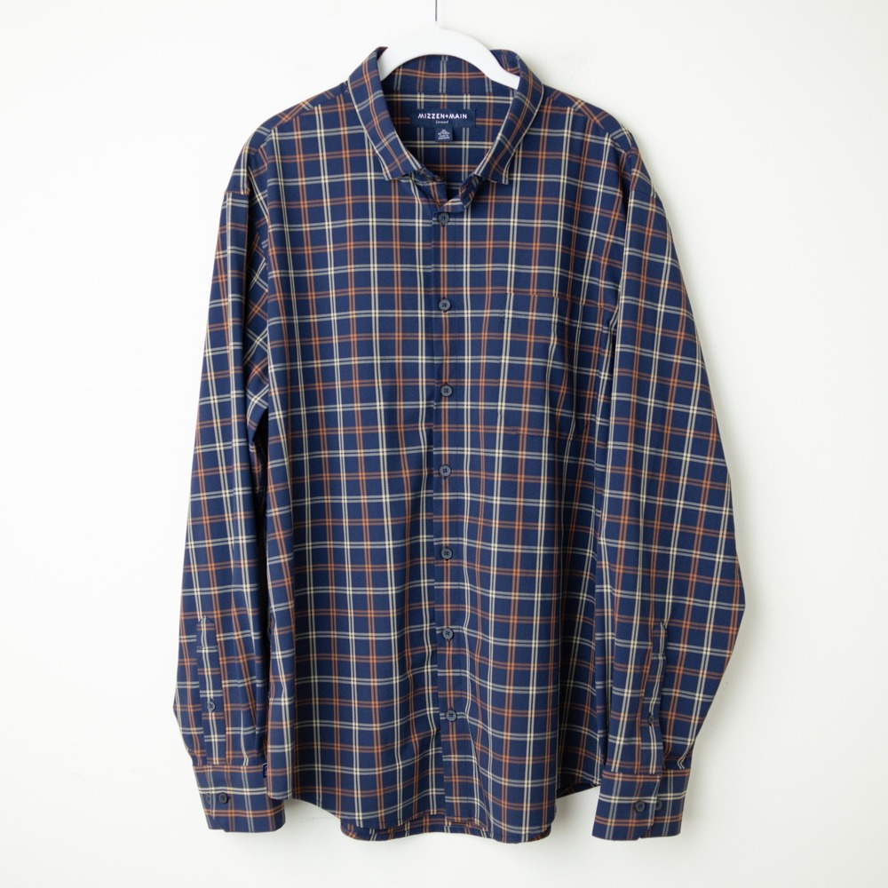 Mizzen + Main Leeward No Tuck Dress Shirt Mens XL Navy Blue Plaid Performance